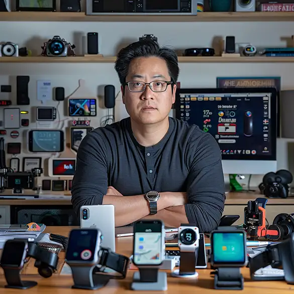 Digital Payment Specialist is pictured at his desk surrounded by an assortment of the latest tech gadgets
