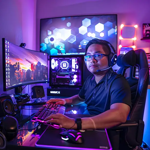 Professional Gamer is seen in his high-tech gaming setup