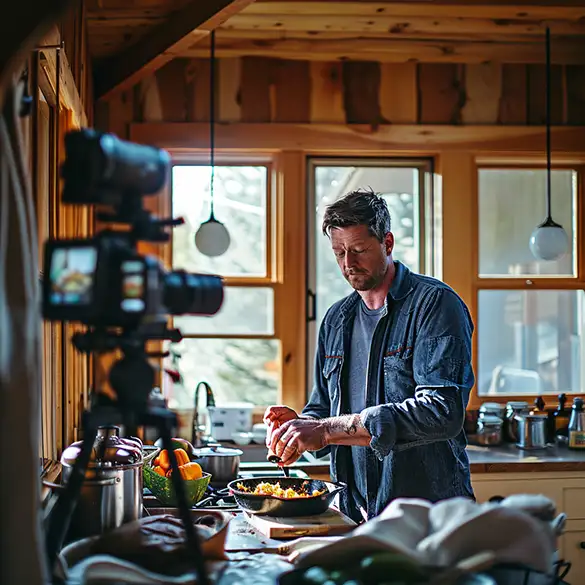 Organic Chef records a cooking video in the kitchen of his modest home