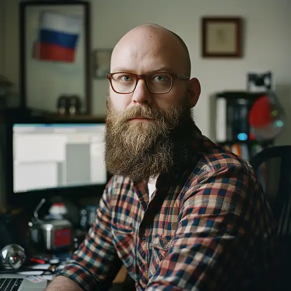 russian Software Engineer in his office
