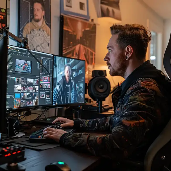 A Tech Blogger sits in front of his computer, editing a video