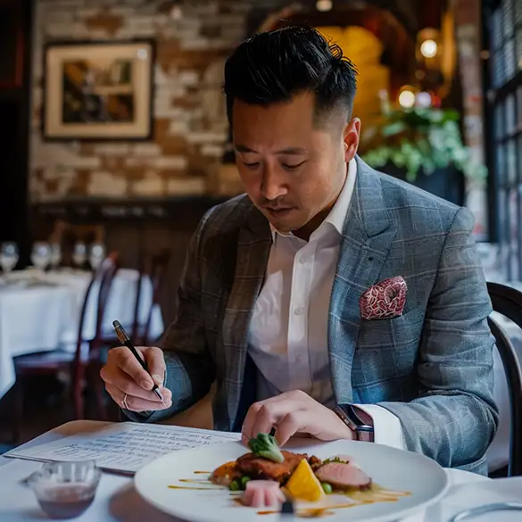 food critic taking notes on a dish in a restaurant